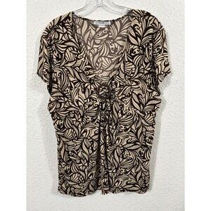 Vintage Claudia Richard Shirt Womens Large Brown Beige Leaf‎ Print Y2K Boho Top